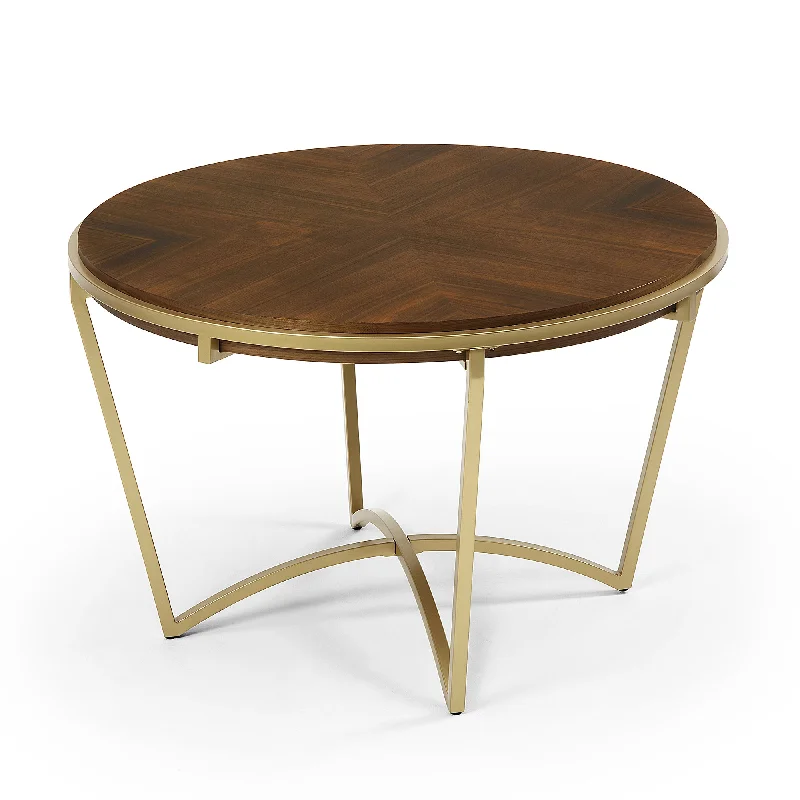 DT015 Round Dining Table with Brown Wood Top and Brushed Gold Metal Base