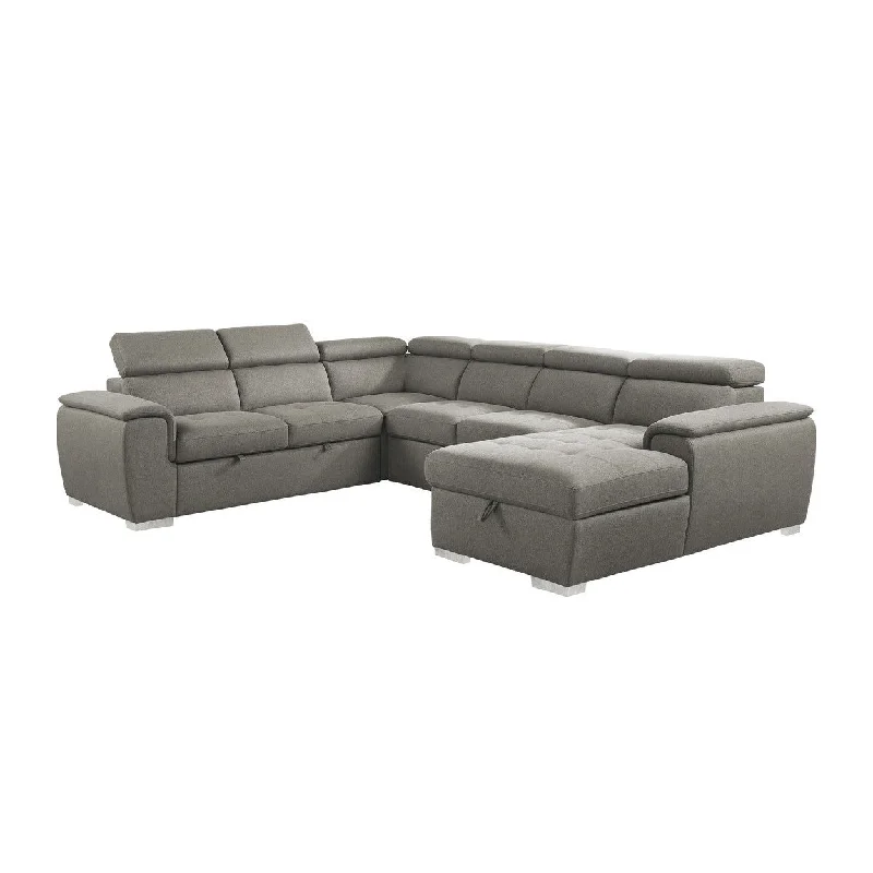 Homelegance Berel (4)4-Piece Sectional with Adjustable Headrests, Pull-out Bed and Right Chaise with Hidden Storage