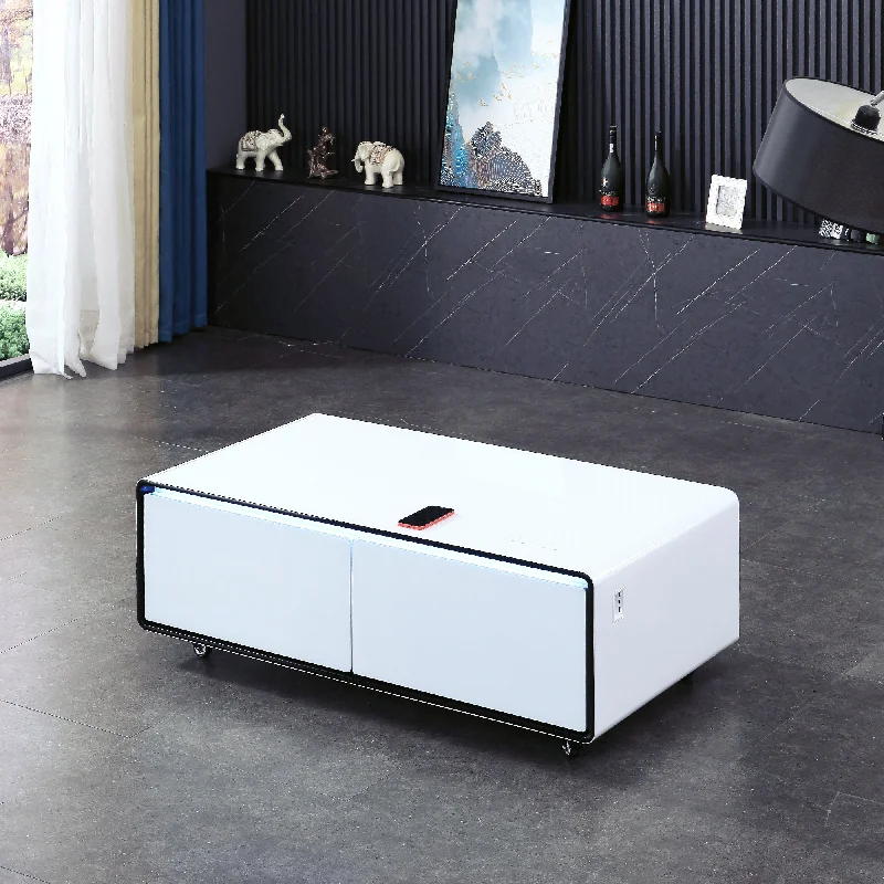 CT50 Modern Coffee Table with Fridge Drawers & Wireless Charging – Bluetooth Speaker, Wheels, and Versatile Storage