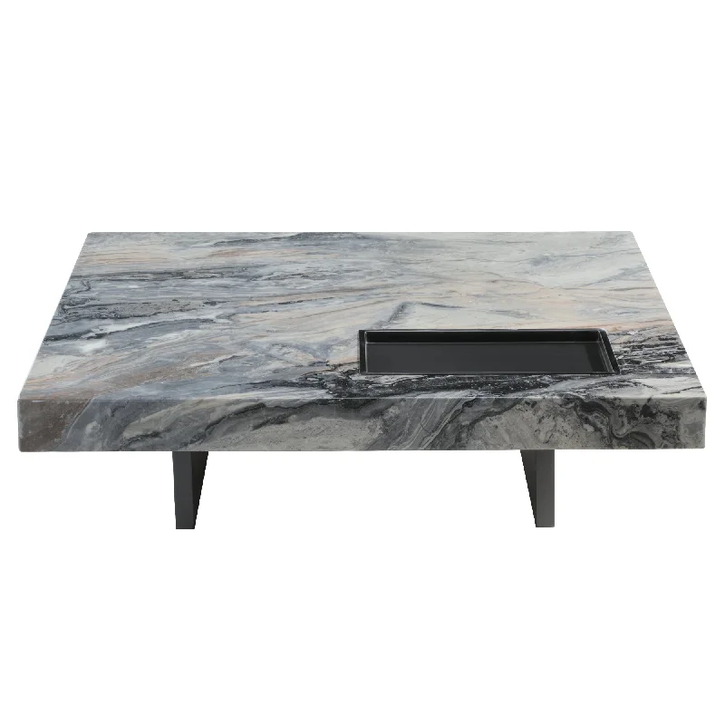 39" Square Marble Coffee Table with Sunken Small Desktop