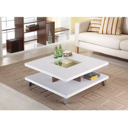 Modern Square Coffee Table in White Wood Finish with Bottom Shelf