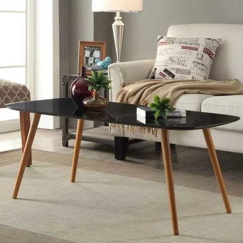 Modern Classic Mid-Century Style Black Top Coffee Table with Solid Wood Legs