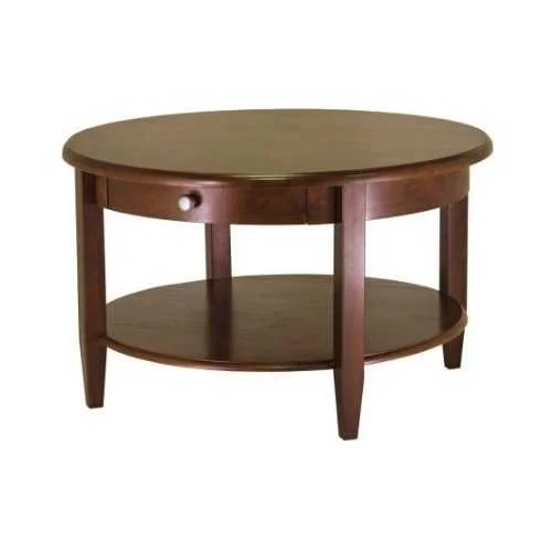 Circular Wood Coffee Table with Bottom Shelf and Drawer