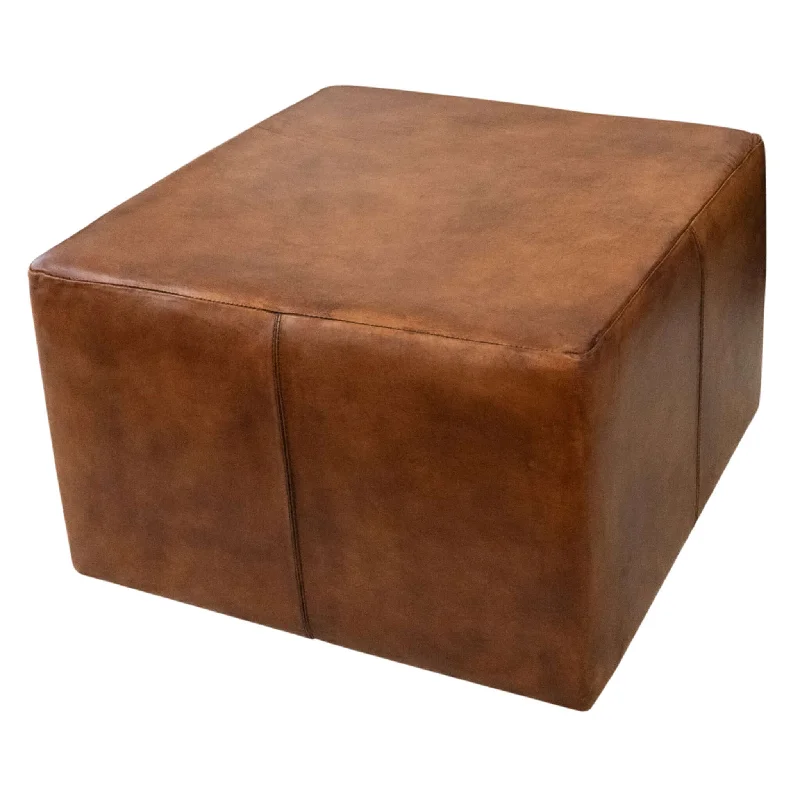 Mallory Mid-Century Square Genuine Leather Upholstered Ottoman in Tan 27.5"