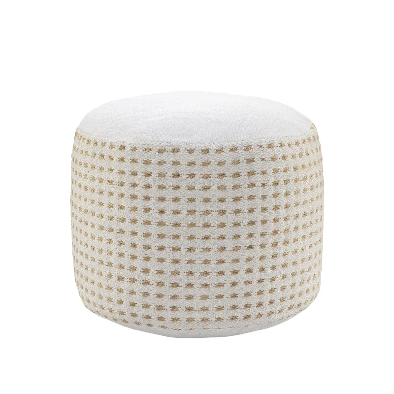 18" White Jute Round Geometric Pouf Ottoman