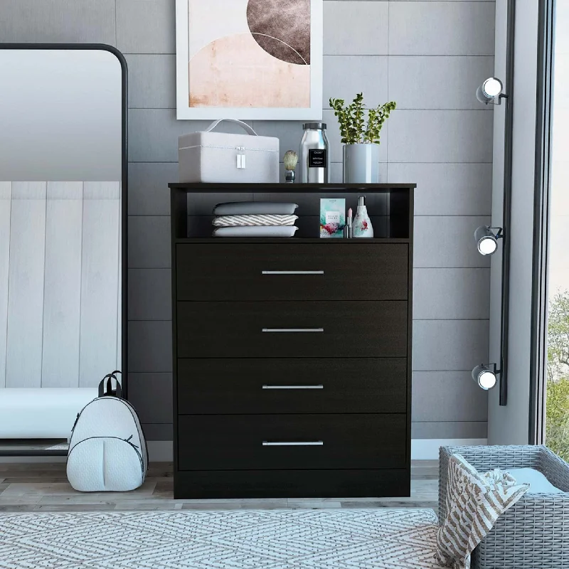 Modern Black Four Drawer Dresser with Hutch