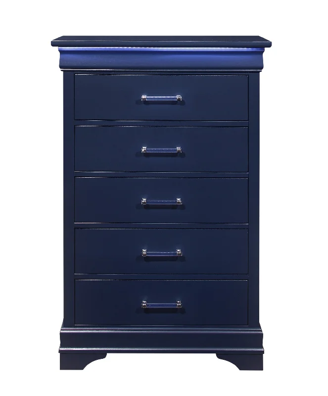 16" Blue Solid Wood Five Drawer Chest With LED Lighting