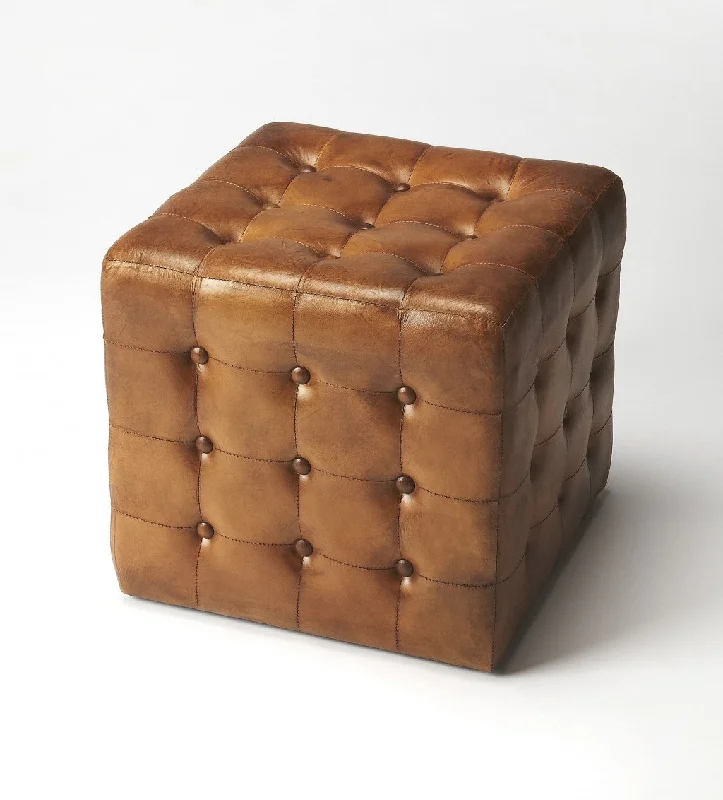 18" Brown Tufted Leather Vintage Style Cube Ottoman