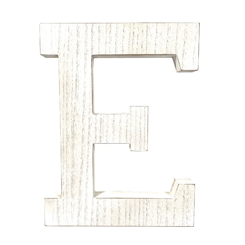 16" Distressed White Wash Wooden Initial Letter E Sculpture