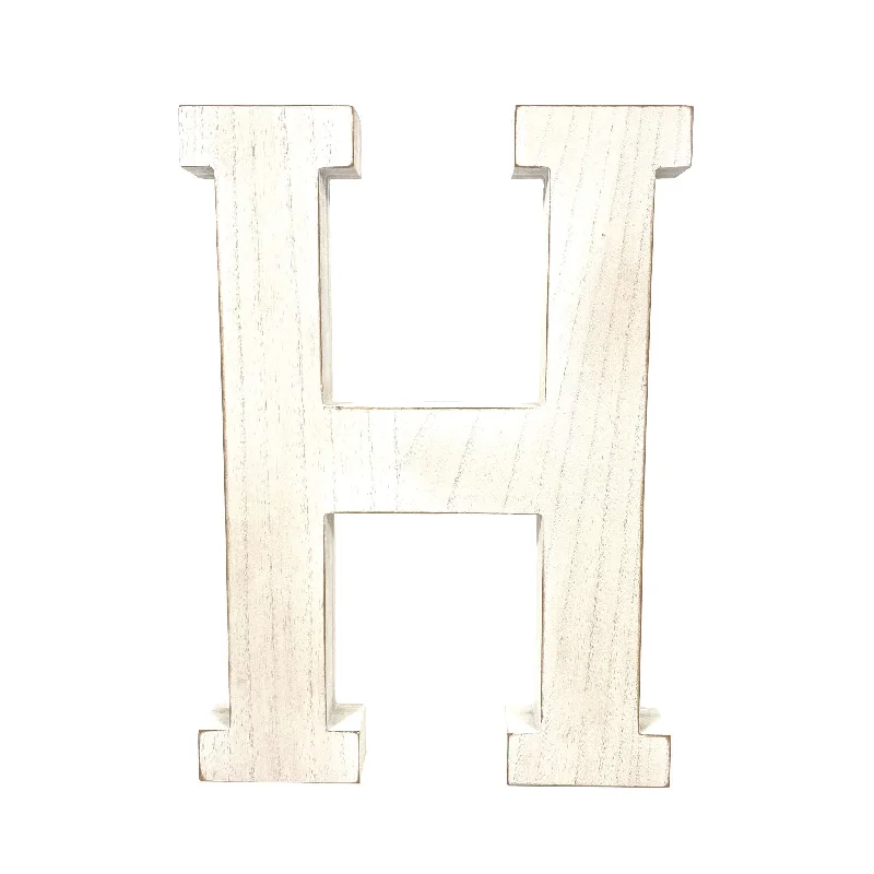 16" Distressed White Wash Wooden Initial Letter H Sculpture