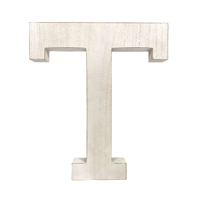 16" Distressed White Wash Wooden Initial Letter T Sculpture