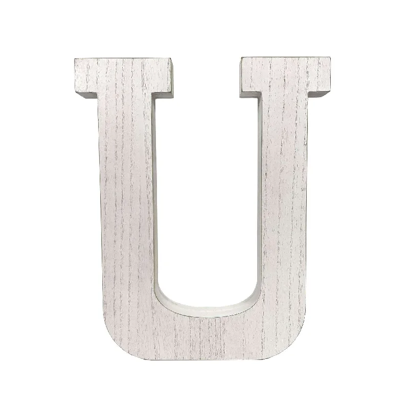 16" Distressed White Wash Wooden Initial Letter U Sculpture