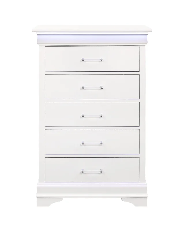 16" White Solid Wood Five Drawer Chest with LED Lighting