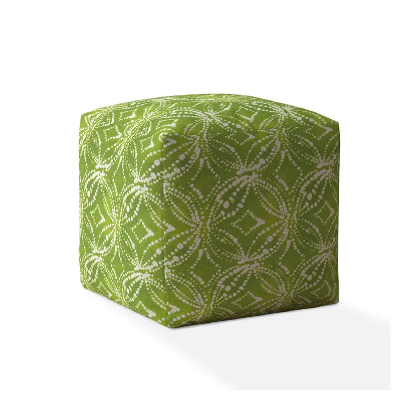 17" Green and White Cotton Damask Pouf Ottoman