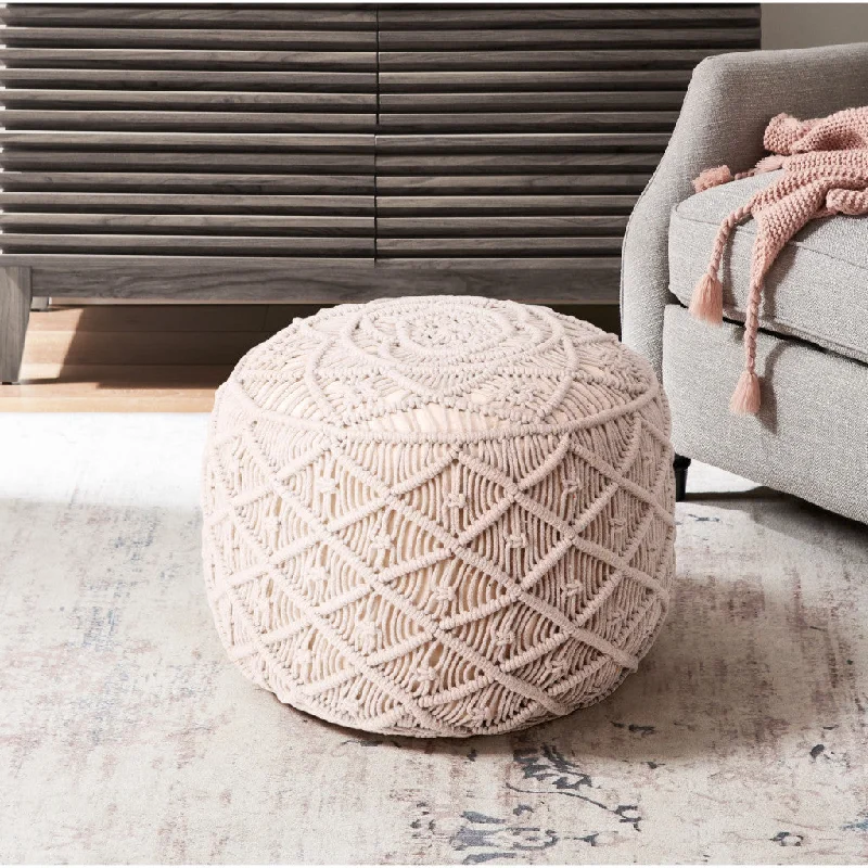 18" Light Gray Cotton Blend Round Geometric Pouf Ottoman