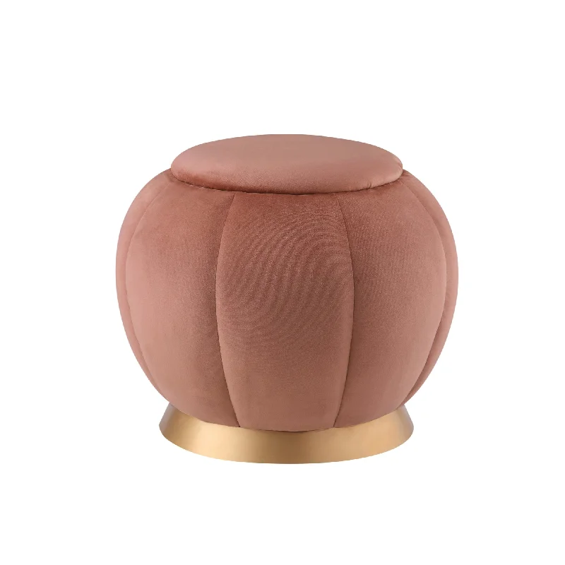 20" Blush Velvet And Gold Round Ottoman