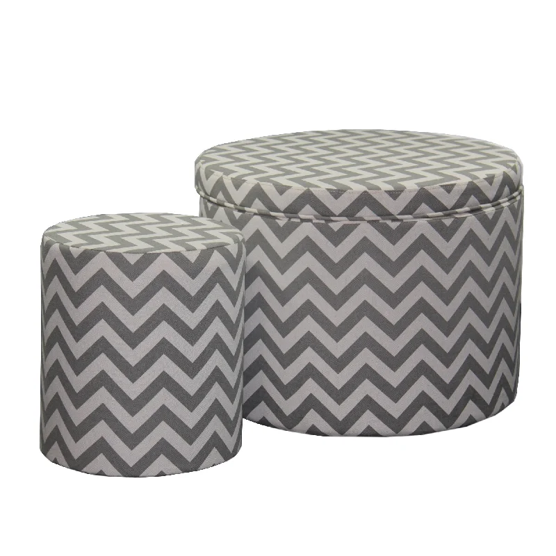 Set of Two Gray and White Polyester Blend Round Geometric Footstool Ottoman