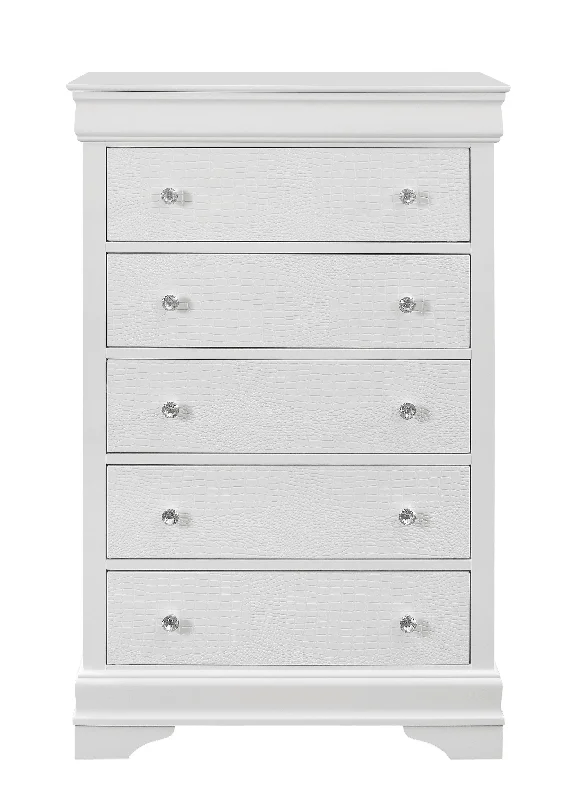 31" Metallic White Solid Wood Five Drawer Chest