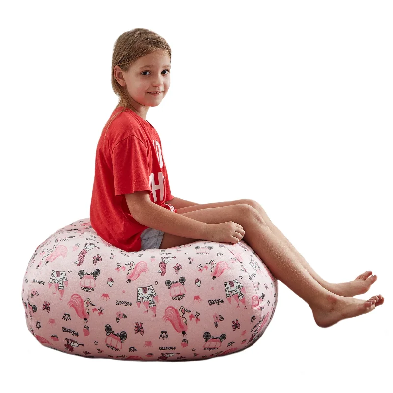 32" Pink and White Microfiber Round Unicorn Pouf Cover