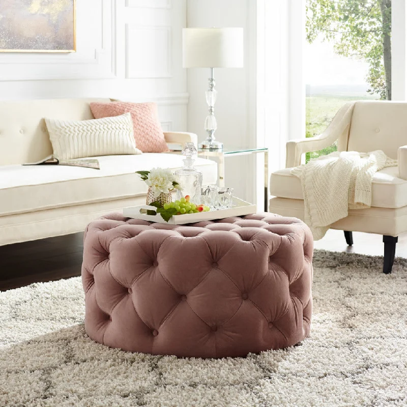 33" Beige Linen  Rolling Tufted Round Cocktail Ottoman