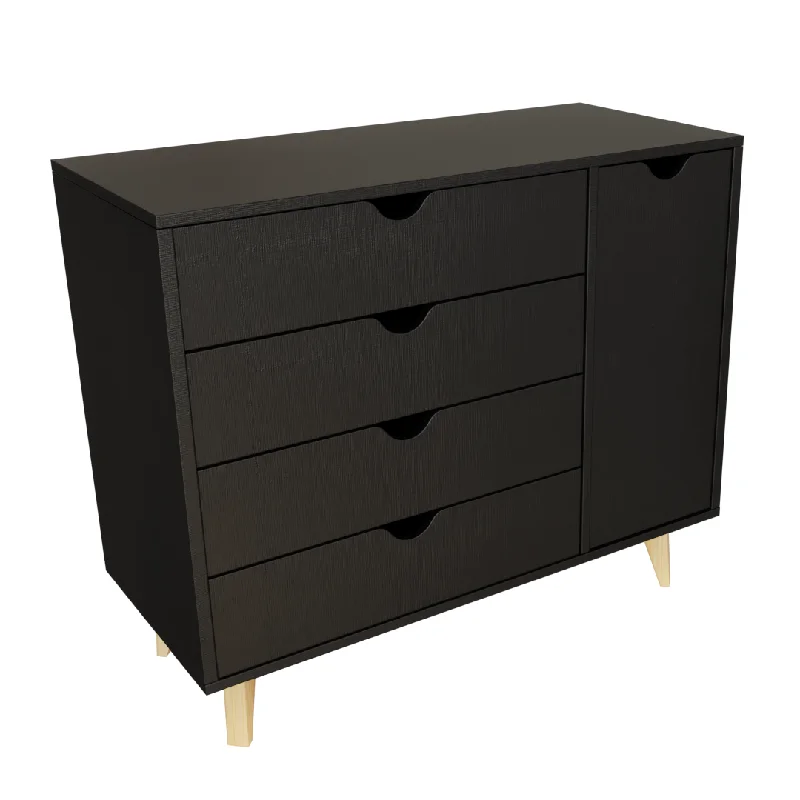 35" Black Solid Wood Four Drawer Combo Dresser