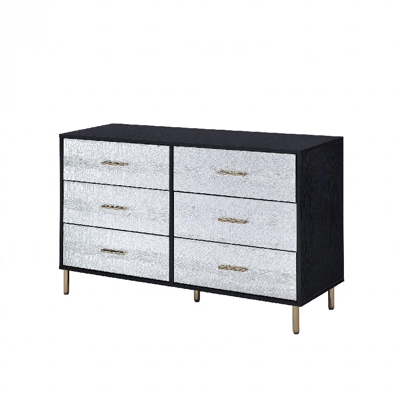 47" Black  Silver and Gold Faux Croc Design Six Drawer Double Dresser