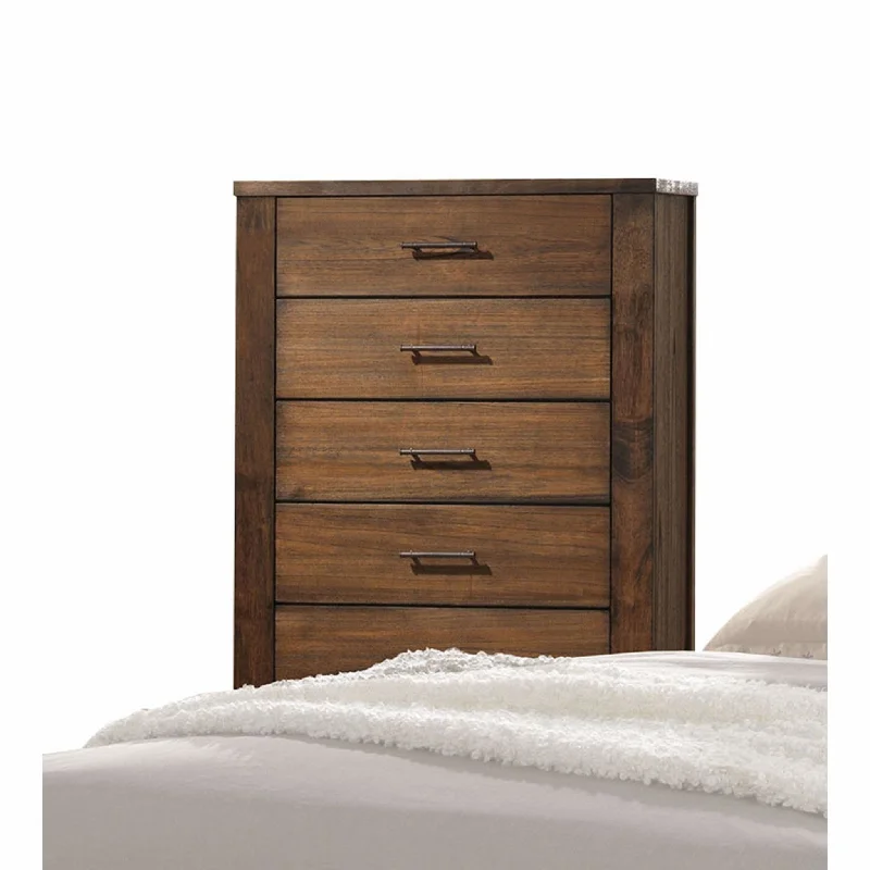 48" Oak Finish 5 Drawer Chest Dresser With Brass Metal Hardware