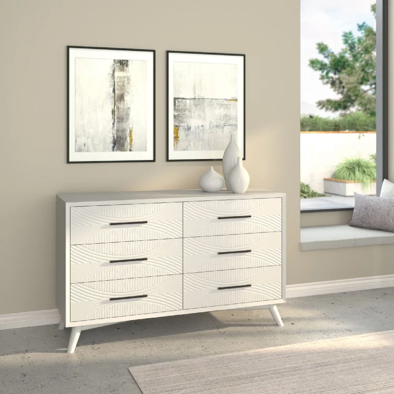 56" White Solid Wood Six Drawer Double Dresser