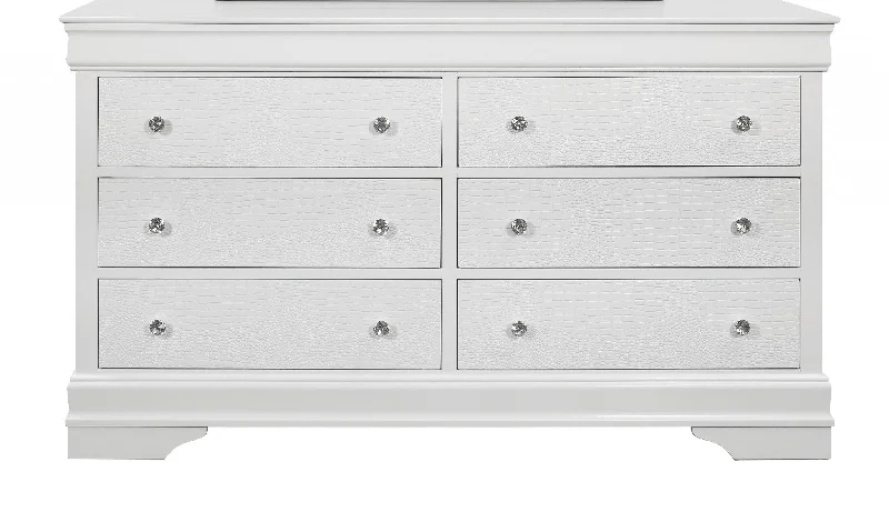 58" Metallic White Solid Wood Six Drawer Double Dresser