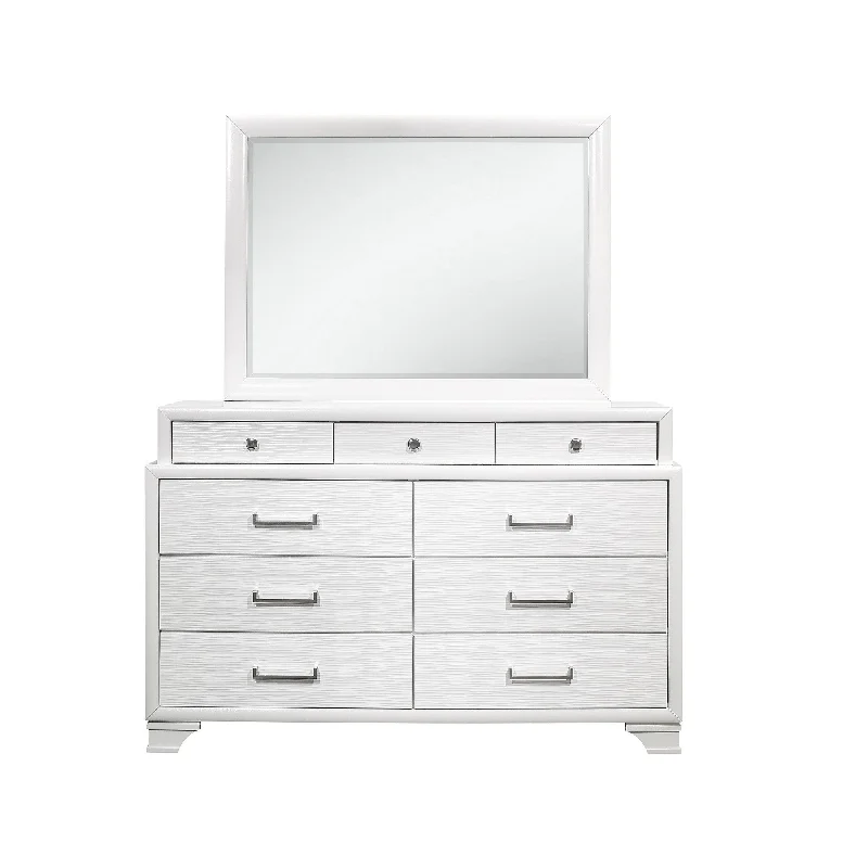 59" White Solid Wood Mirrored Nine Drawer