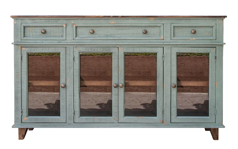 70" Green Solid and Manufactured Wood Distressed Credenza