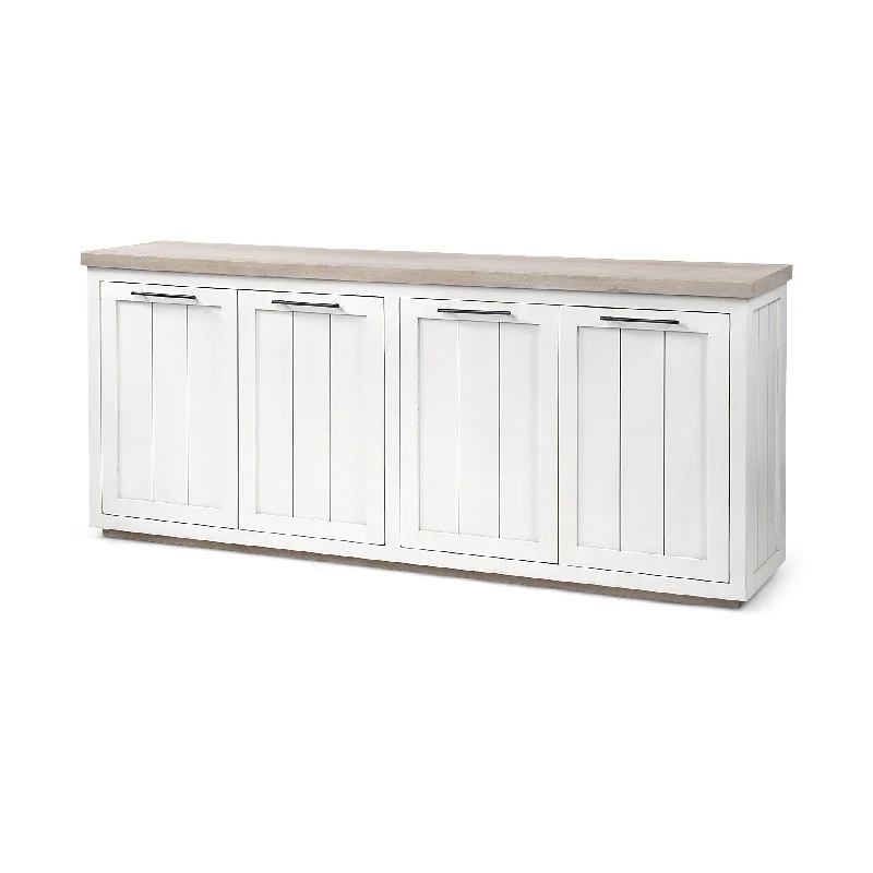 Brown Solid Mango Wood Top & White Frame Sideboard With 4 Cabinet Doors