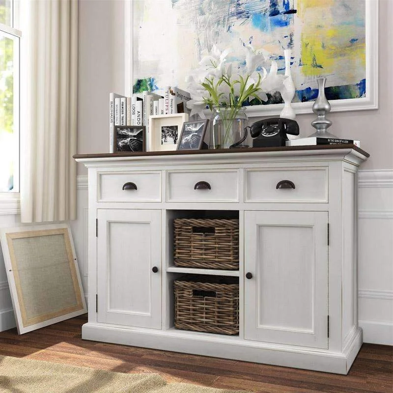 Halifax Accent White Painted Buffet Sideboard with Rattan Baskets