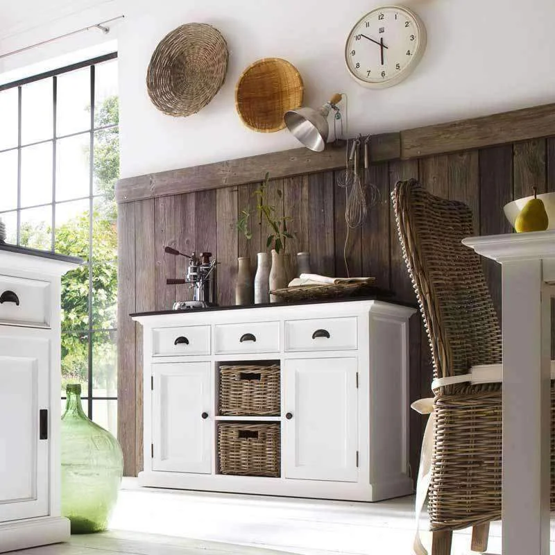 Halifax Contrast White Painted Buffet Sideboard with Rattan Baskets