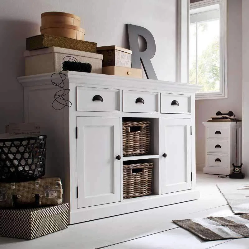 Halifax White Painted Buffet Sideboard with Rattan Baskets