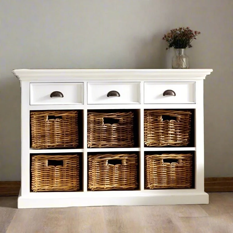 Halifax White Painted Sideboard with Drawers and Rattan Baskets