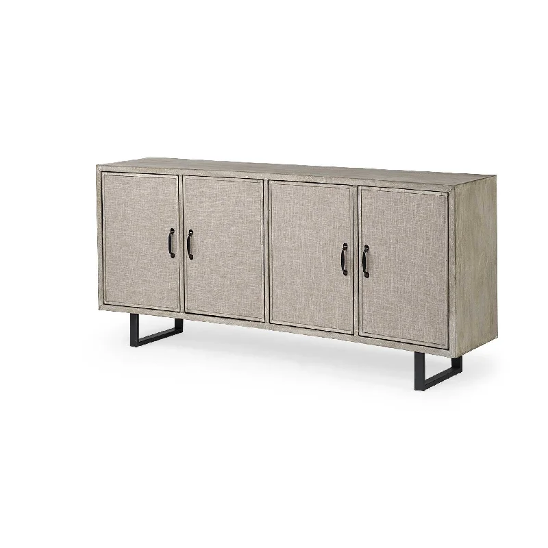 Light Brown Solid Wood  Sideboard With 4 Fabric Covered Cabinet Doors