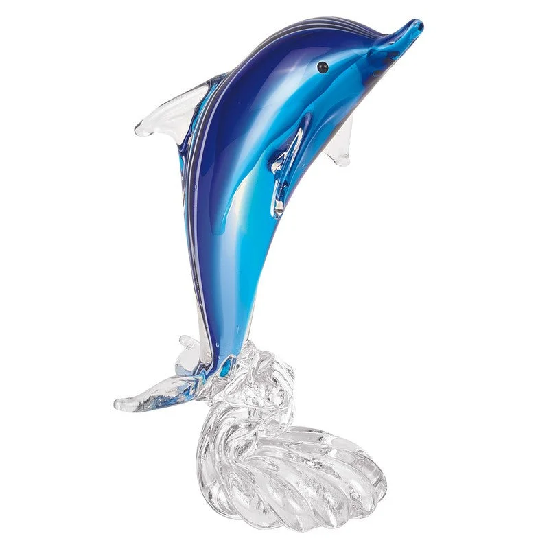 10" Blue Murano Glass Dolphin Figurine Tabletop Sculpture