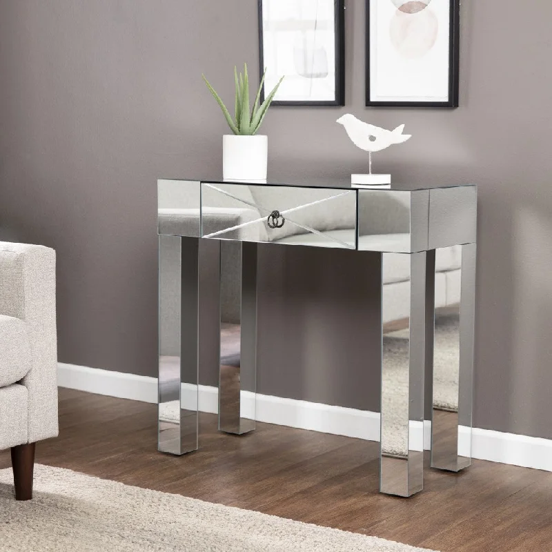 31" Silver Mirrored Glass Console Table With Storage