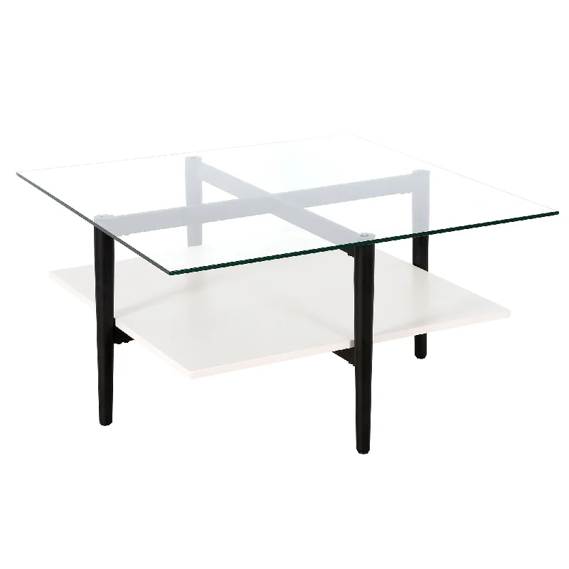 32" White And Black Glass And Steel Square Coffee Table With Shelf