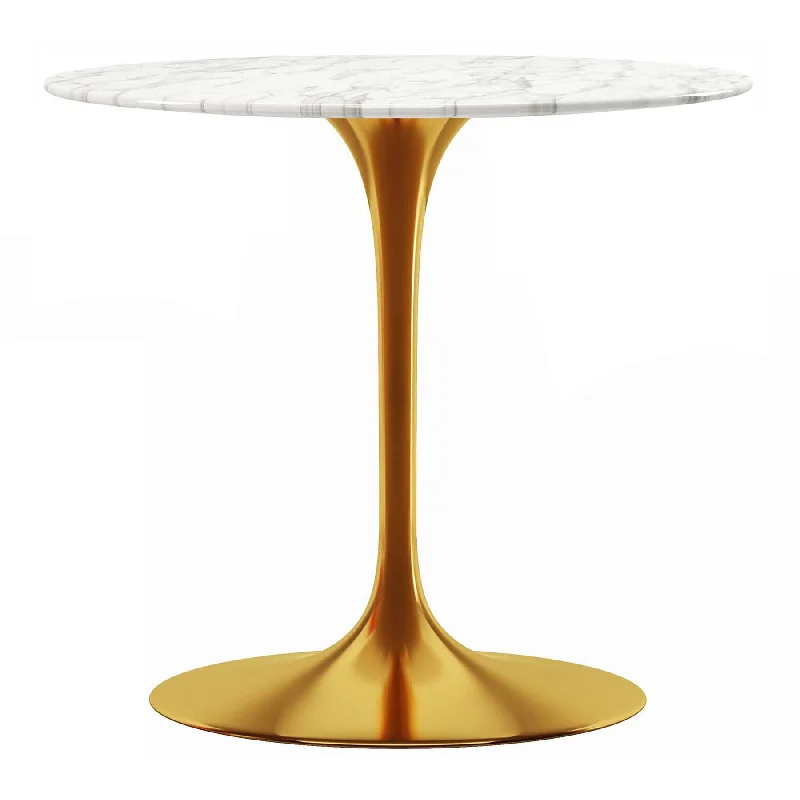 32" White And Gold Marble And Metal Dining Table