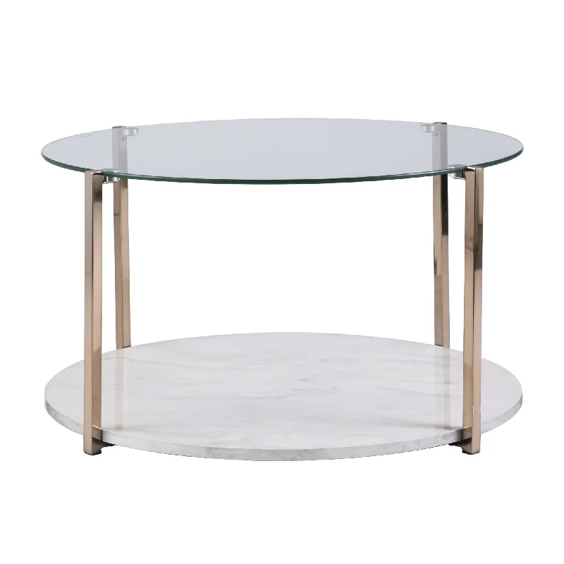 33" Gold Glam Glass And Faux Marble Two Tier Round Coffee Table