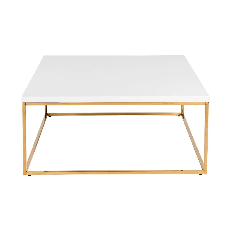 35" White And Gold Metal Square Coffee Table