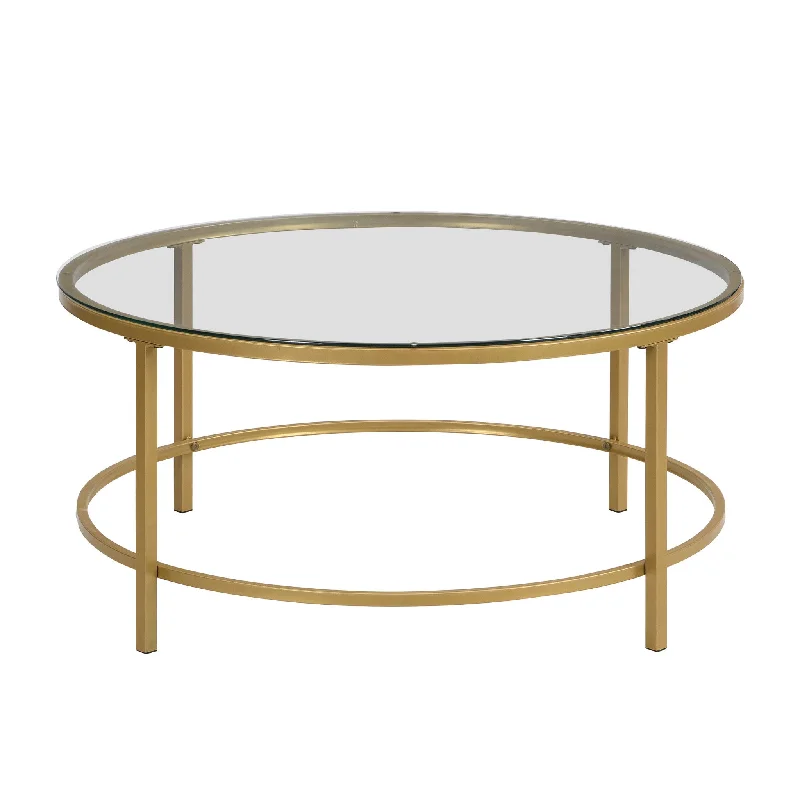 36" Gold And Clear Glass Round Coffee Table