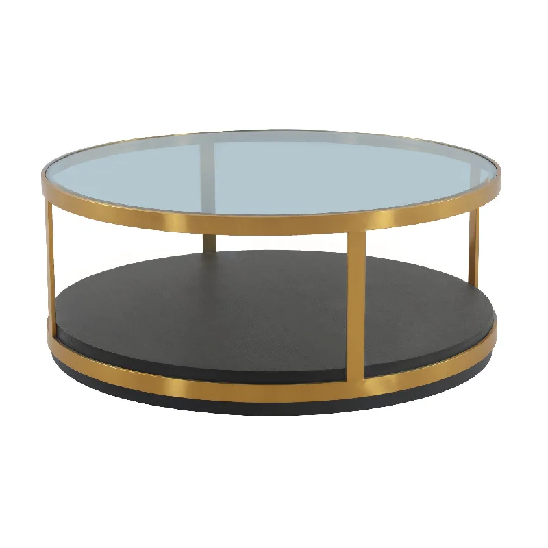 43" Clear And Black Solid Wood Round Coffee Table With Shelf