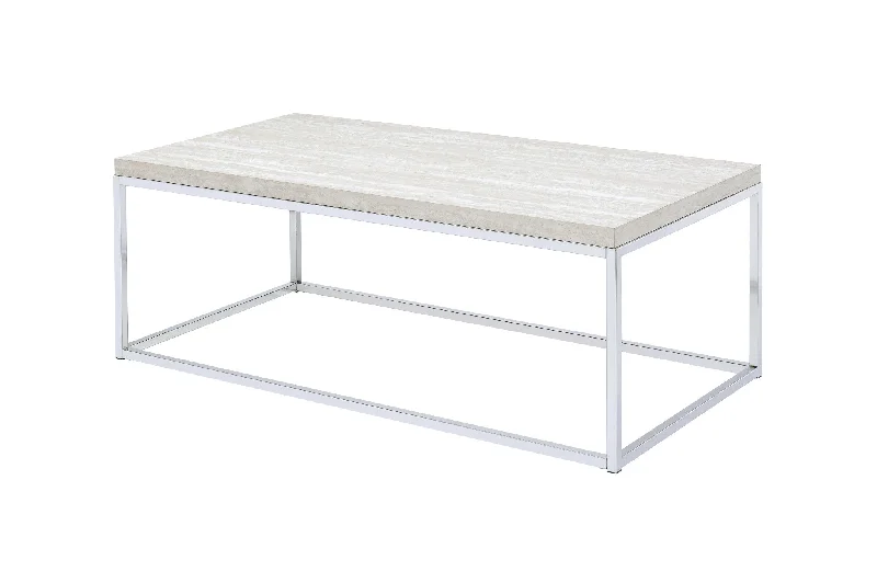 48" Chrome And White Oak Manufactured Wood And Metal Rectangular Coffee Table