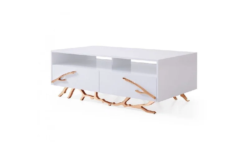 51" Rosegold And White Rectangular Coffee Table With Two Drawers And Two Shelves