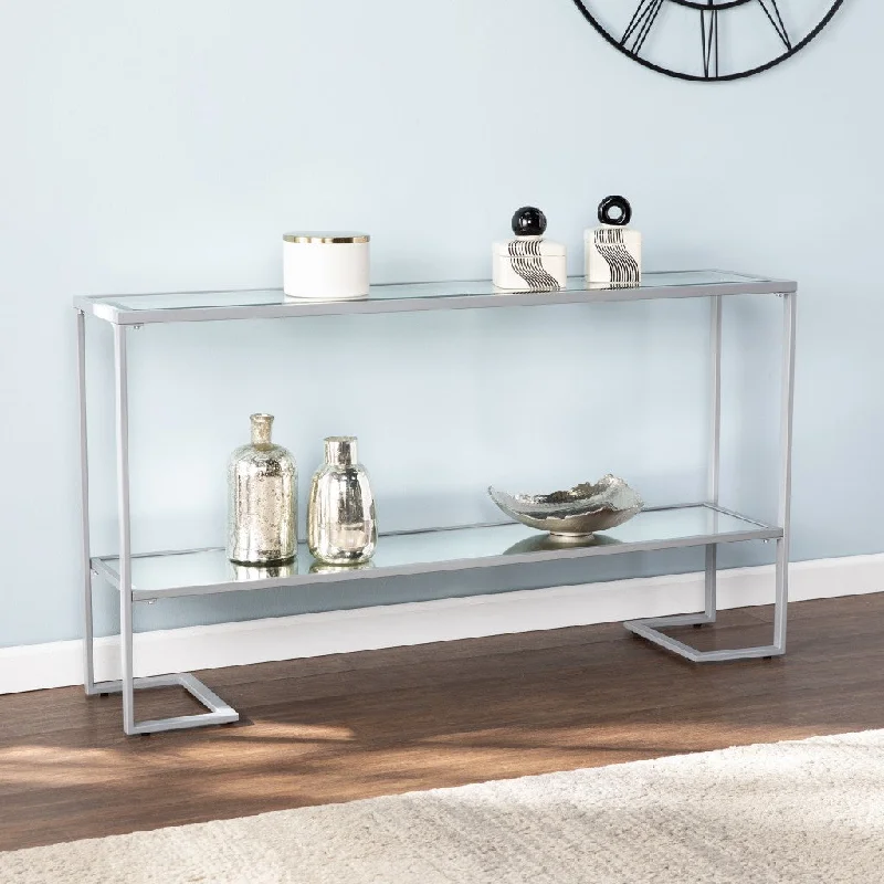 52" Clear and Silver Glass Mirrored Frame Console Table With Shelves