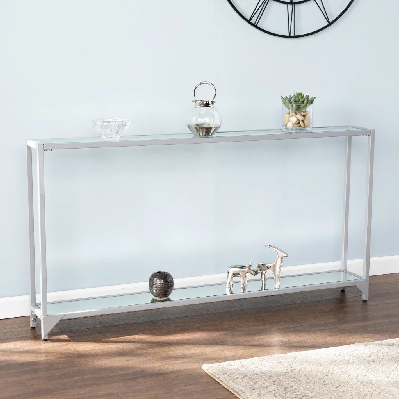 56" Clear and Silver Glass Mirrored Floor Shelf Console Table With Storage