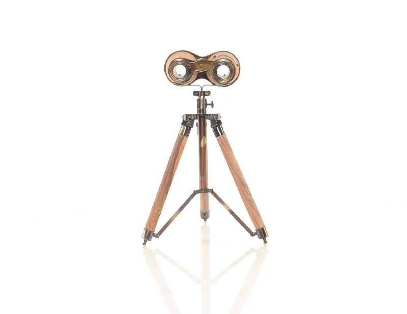 8" X 8" X 11" Wood Brass Binocular On Stand